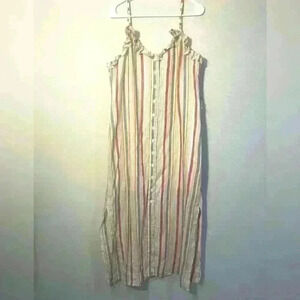 Vince Camuto Striped Neutral Tones Linen Dress with Ruffle Accent Size L